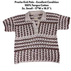 Proche Crochet Polo Top Small Brown Cream Striped Open Knit Short Sleeve Preppy